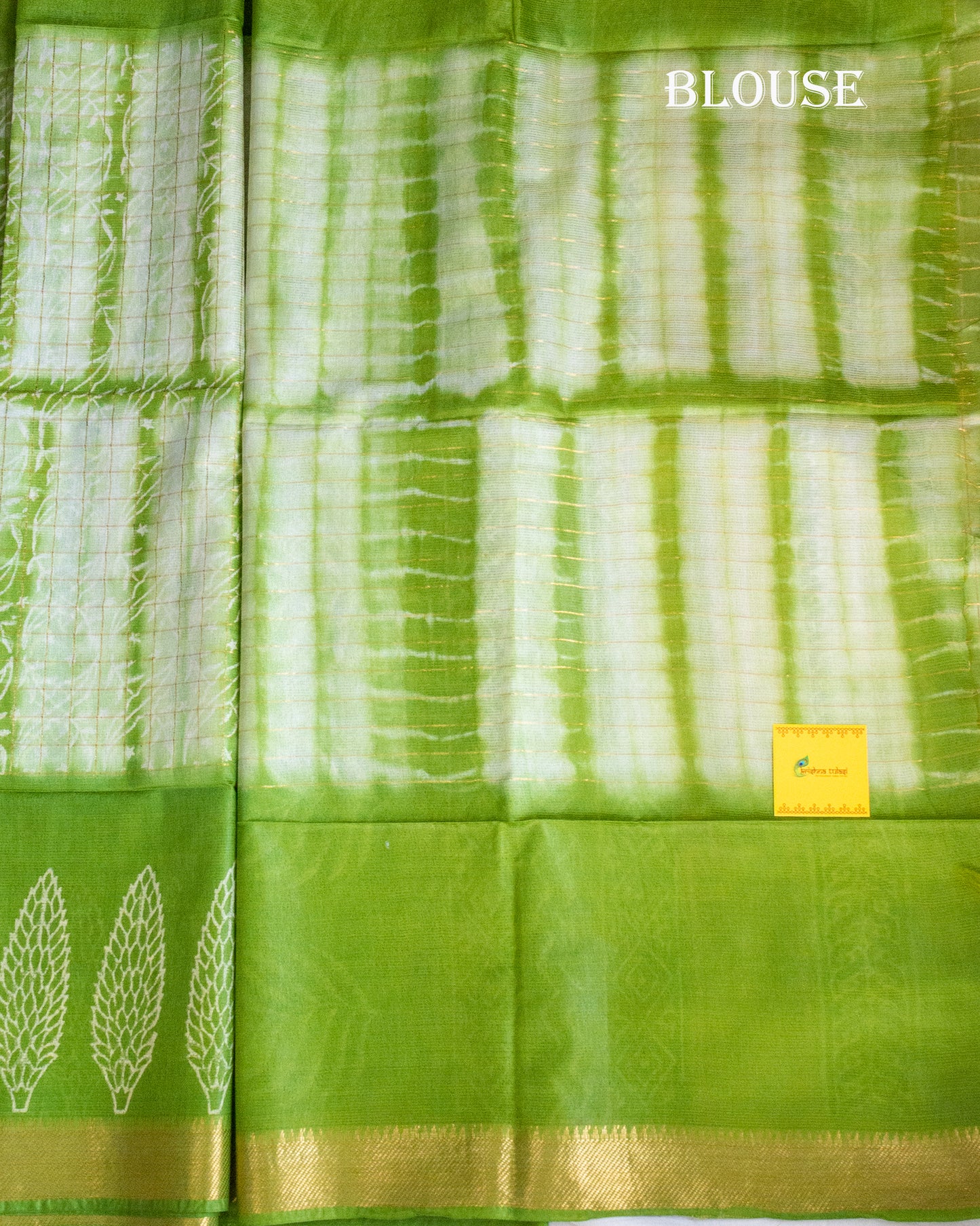 Green& White Hand Batik Block Printed Mangalgiri Silk Cotton Saree.