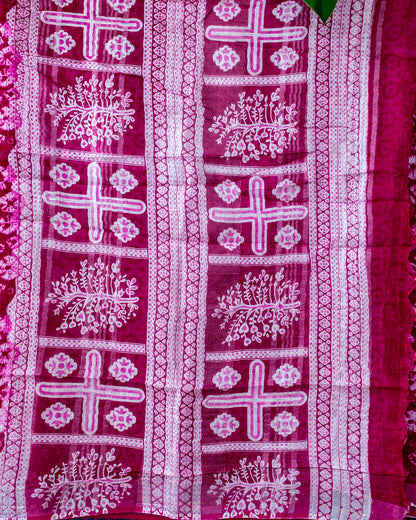 Deep Majenta  Bandhej Linen Khadi Saree.