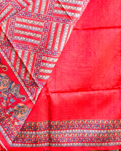 Red Madhubani Printed Semi Tussar Saree.