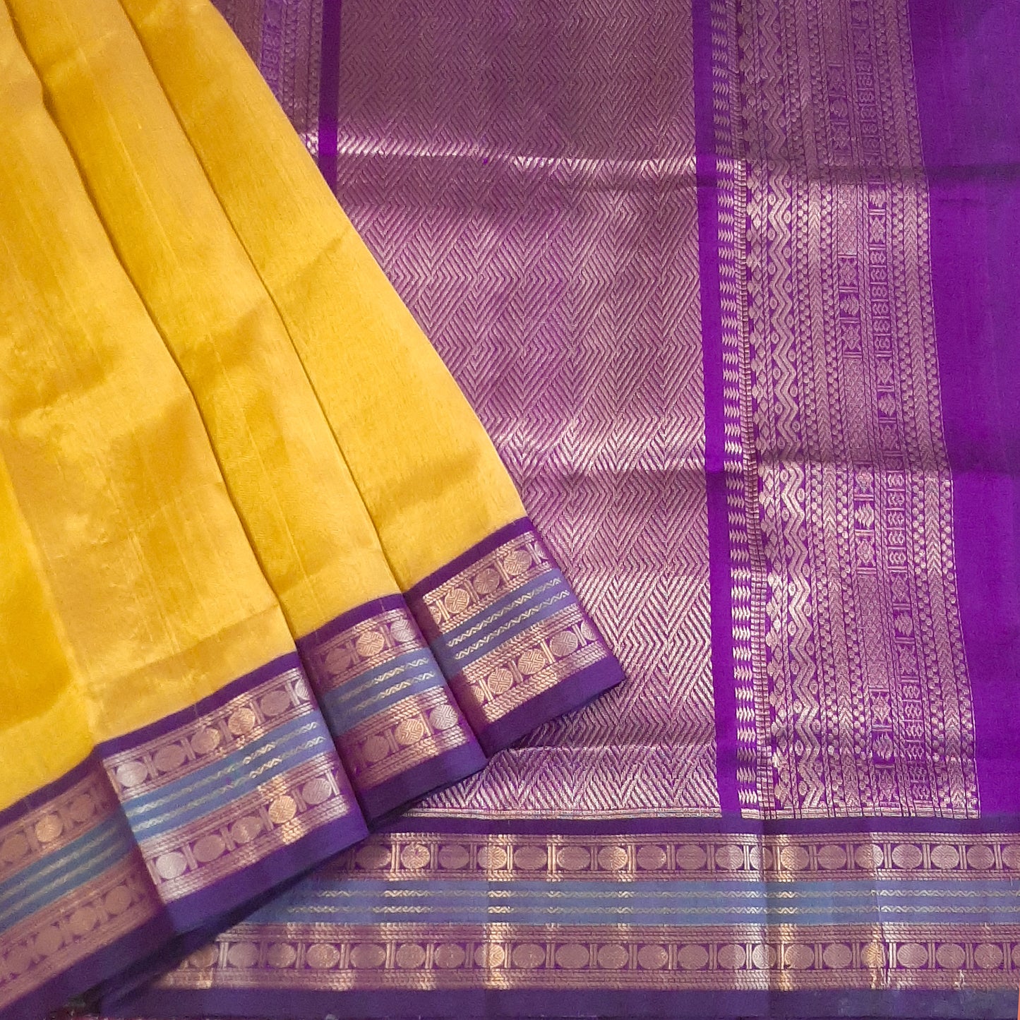 Mustard Yellow & Purple Rudraksham Border Handloom Korvai Silk Cotton Saree