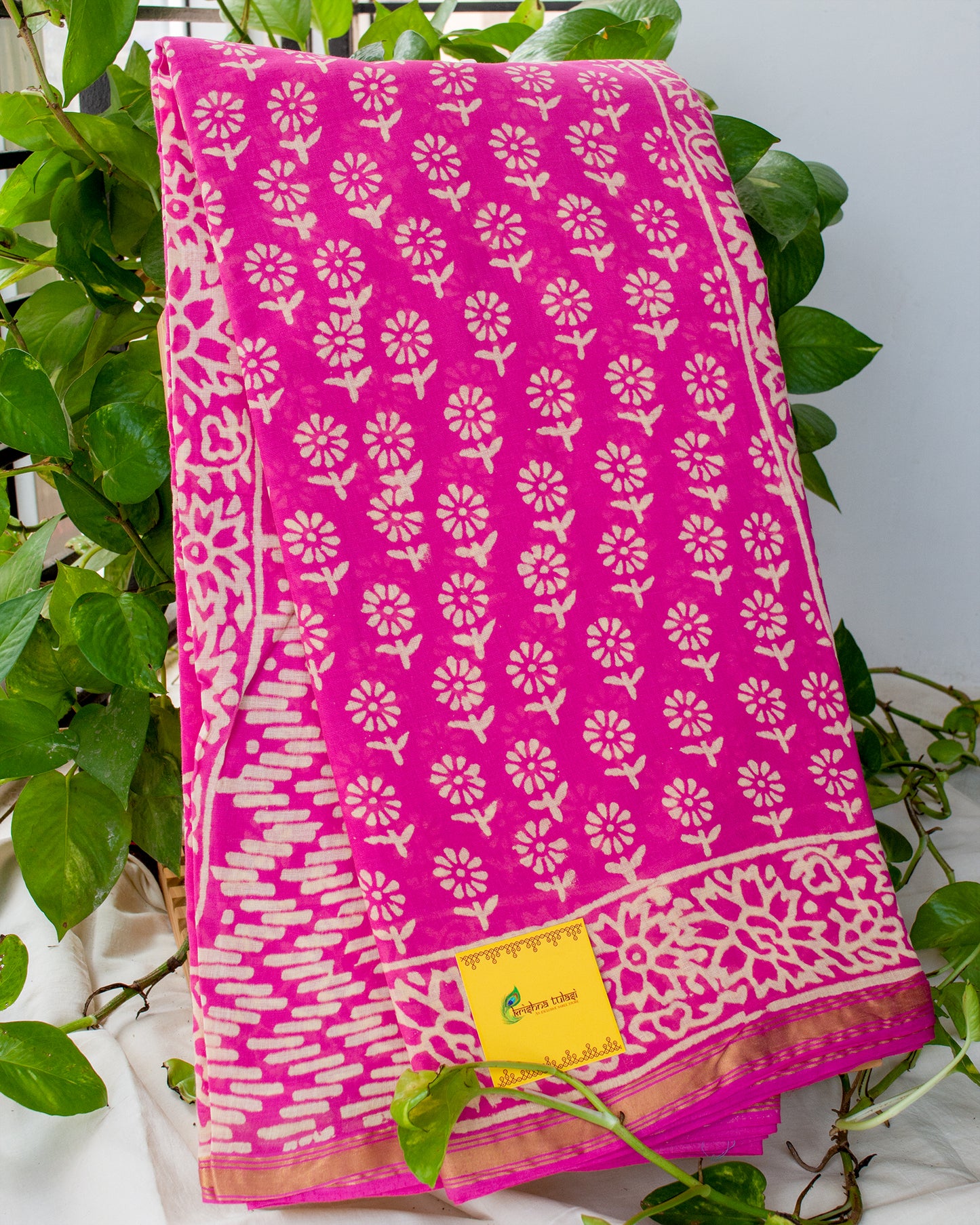 Dabu Block Printed Pink Chanderi Cotton Saree with BP