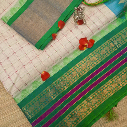 Off White & Blue Green Plus Design Handloom Korvai Silk Cotton Saree