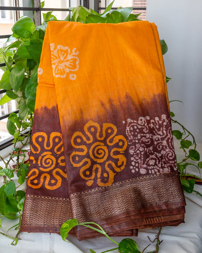 Mustard Yellow &  Brown Hand Batik Maheshwari Silk Saree