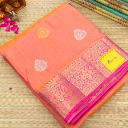 Peach & Pink Semi Banarasi Saree with Gold & Silver Zari Motifs.