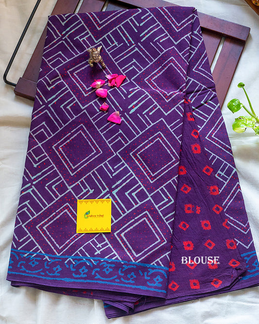 Deep Violet Hand Block Printed Mul Cotton Saree.