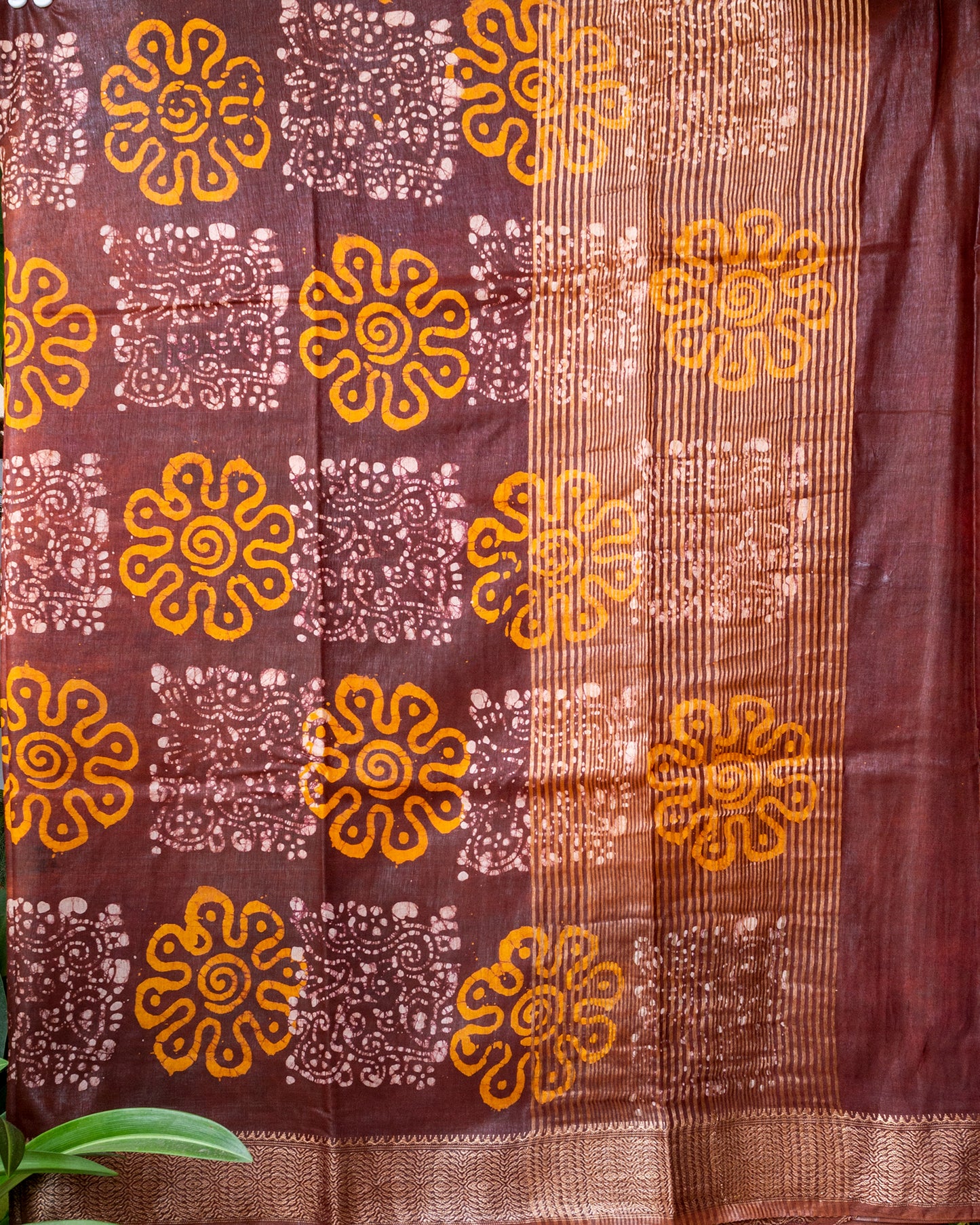 Mustard Yellow &  Brown Hand Batik Maheshwari Silk Saree