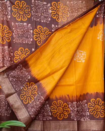 Mustard Yellow &  Brown Hand Batik Maheshwari Silk Saree