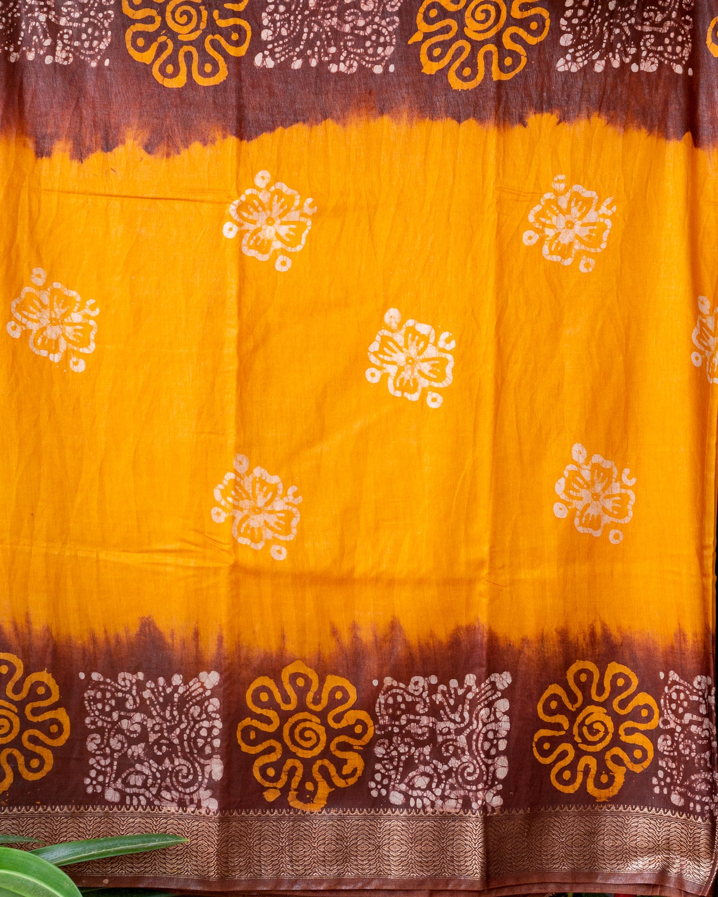 Mustard Yellow &  Brown Hand Batik Maheshwari Silk Saree