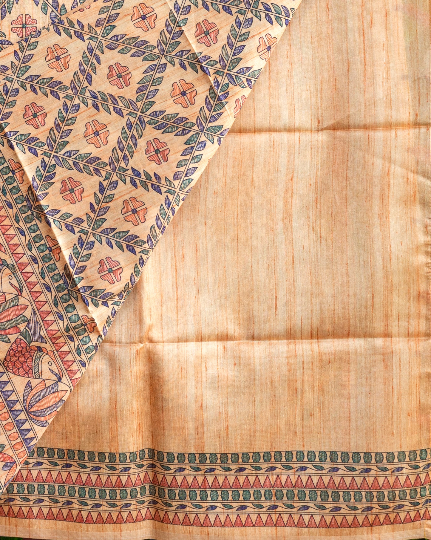 Peach Madhubani Printed Semi Tussar Saree.