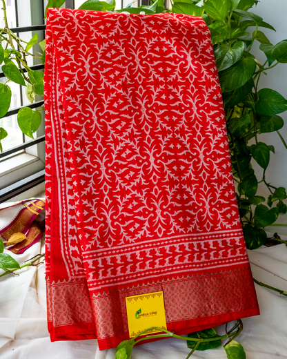 Red Bagru Hand Block Printed Maheshwari Silk Saree