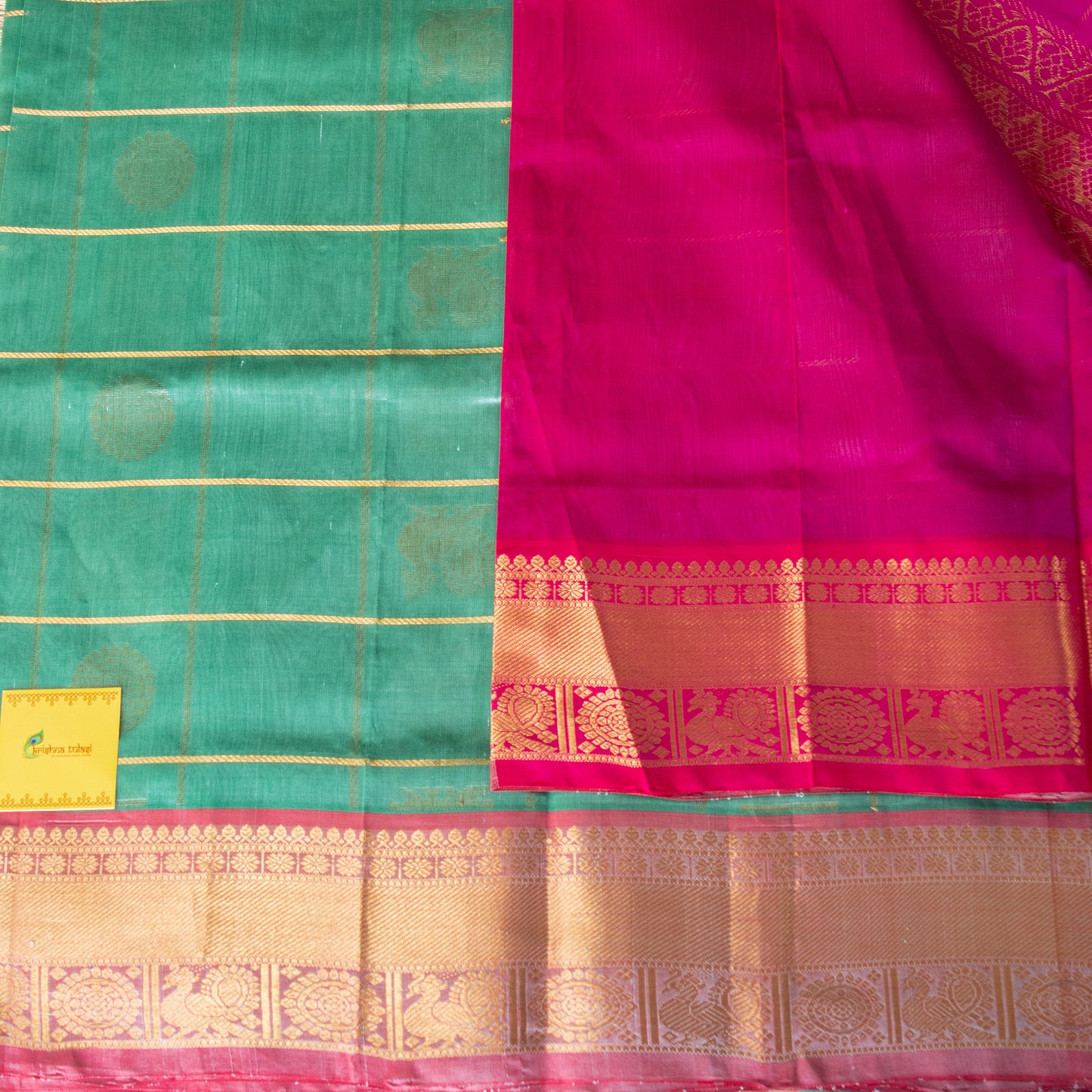 Ice Green & Rani Pink i Mayil Chakram Handloom Korvai Silk Cotton Saree