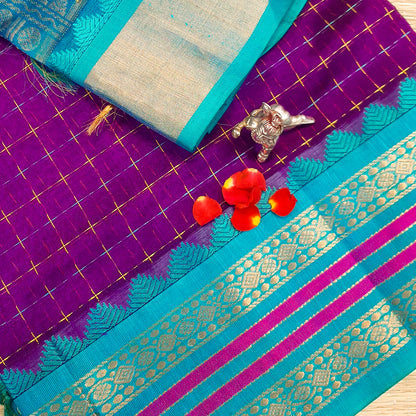 Purple & Blue Plus Design Handloom Korvai Silk Cotton Saree