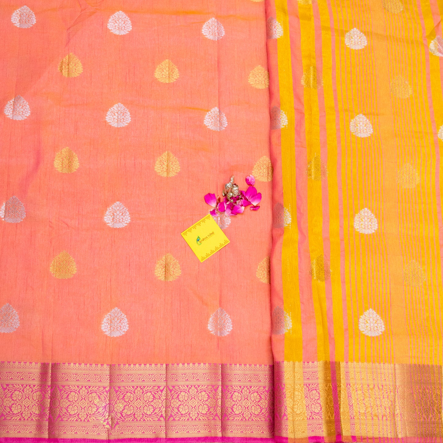 Peach & Pink Semi Banarasi Saree with Gold & Silver Zari Motifs.