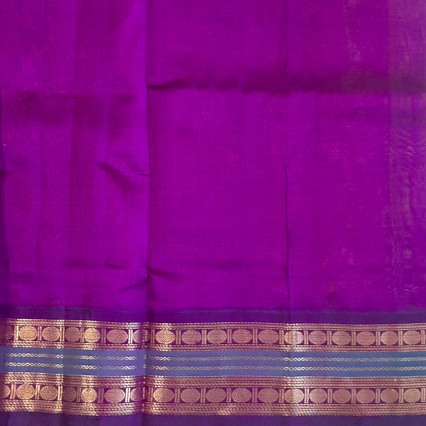 Mustard Yellow & Purple Rudraksham Border Handloom Korvai Silk Cotton Saree