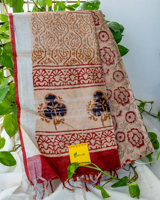 Tri Color Bagru Print (Roses) Linen Silk Saree