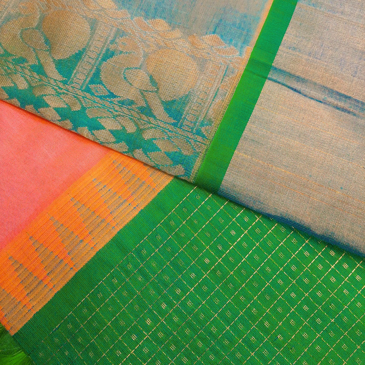 Pinkish Orange & Green Lakshadweep Border Handloom Korvai Silk Cotton