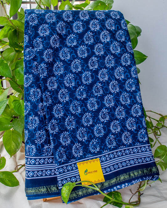 Indigo Hand Block Print Chanderi Cotton Saree