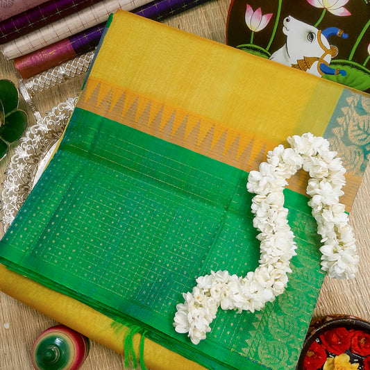 Yellow & Emerald Green Lakshadweep Border Handloom Silk Cotton Saree