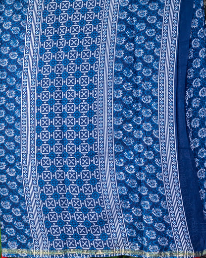 Indigo Hand Block Print Chanderi Cotton Saree