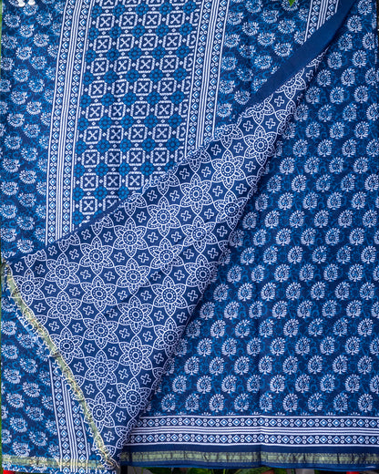 Indigo Hand Block Print Chanderi Cotton Saree