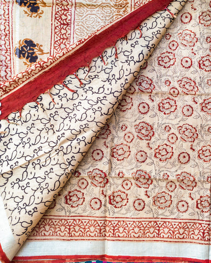 Tri Color Bagru Print (Roses) Linen Silk Saree