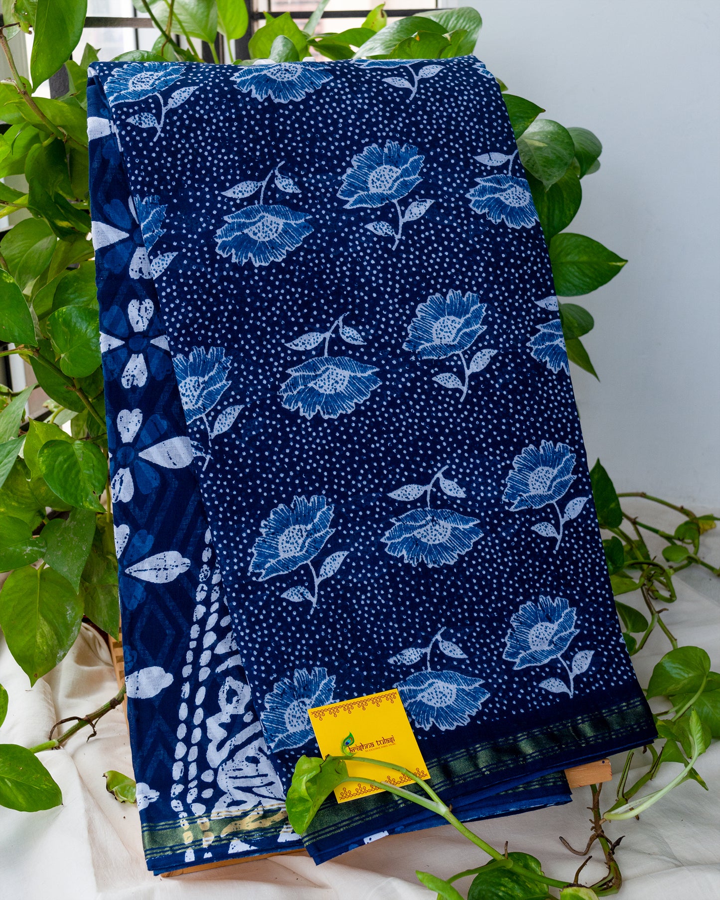 Indigo Floral Hand lock Printed Chanderi Cotton Saree