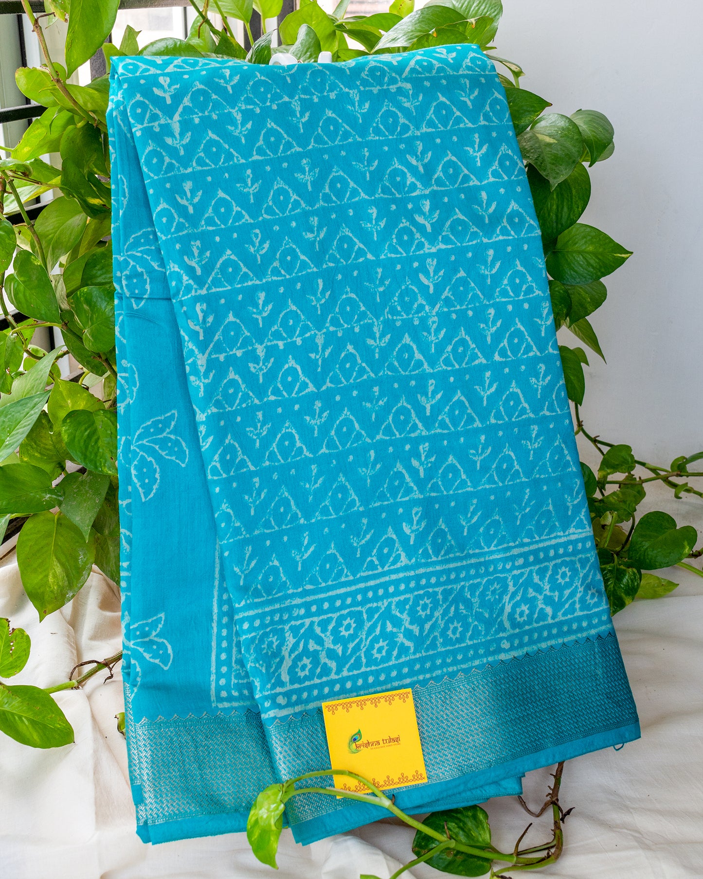 Ocean Blue Bagru Hand Block Printed Maheshwari Silk Saree