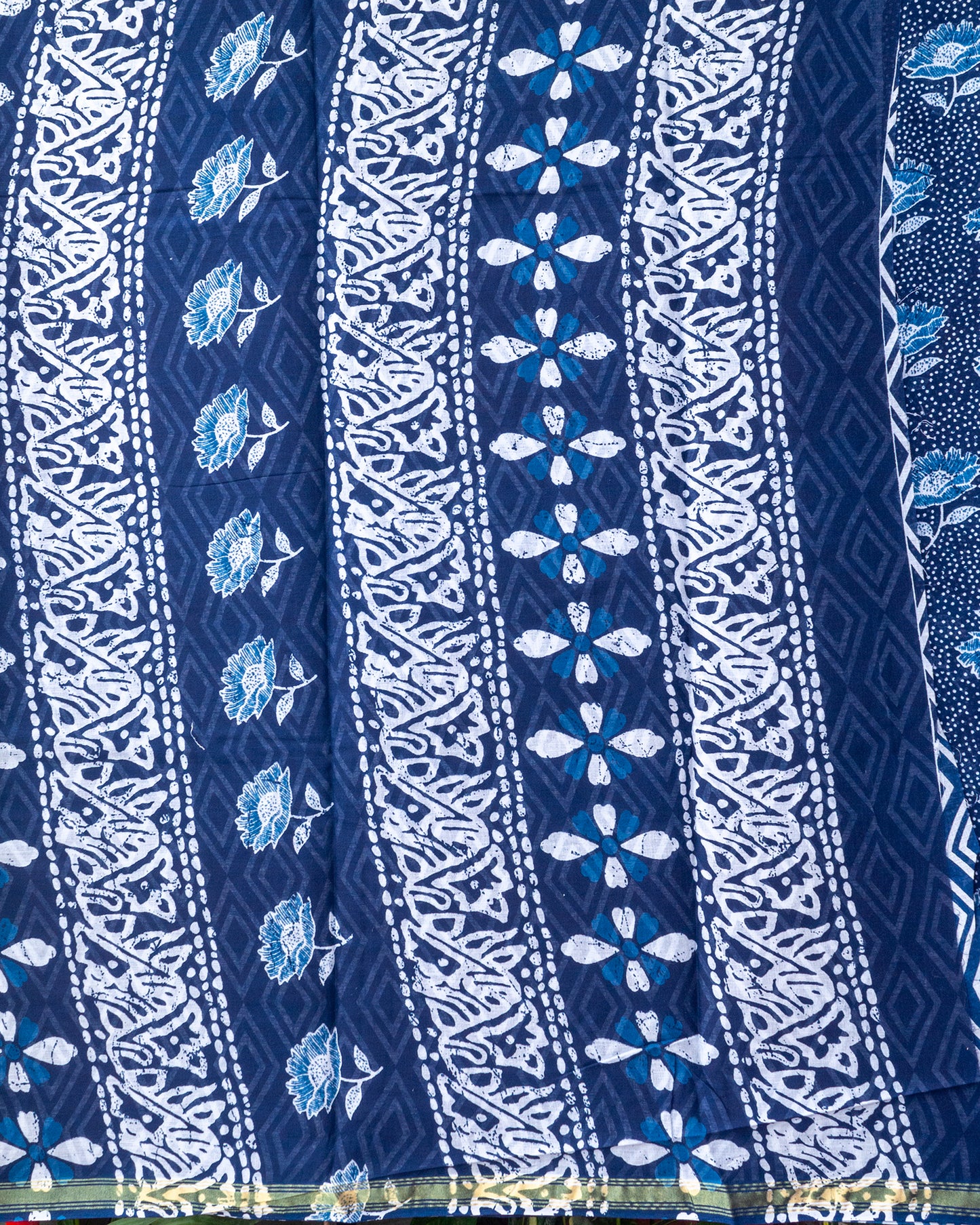 Indigo Floral Hand lock Printed Chanderi Cotton Saree