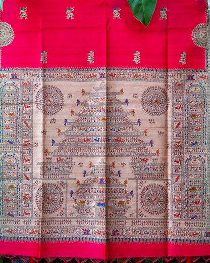 Radiant Red Madhubani Printed Semi Tussar Saree.