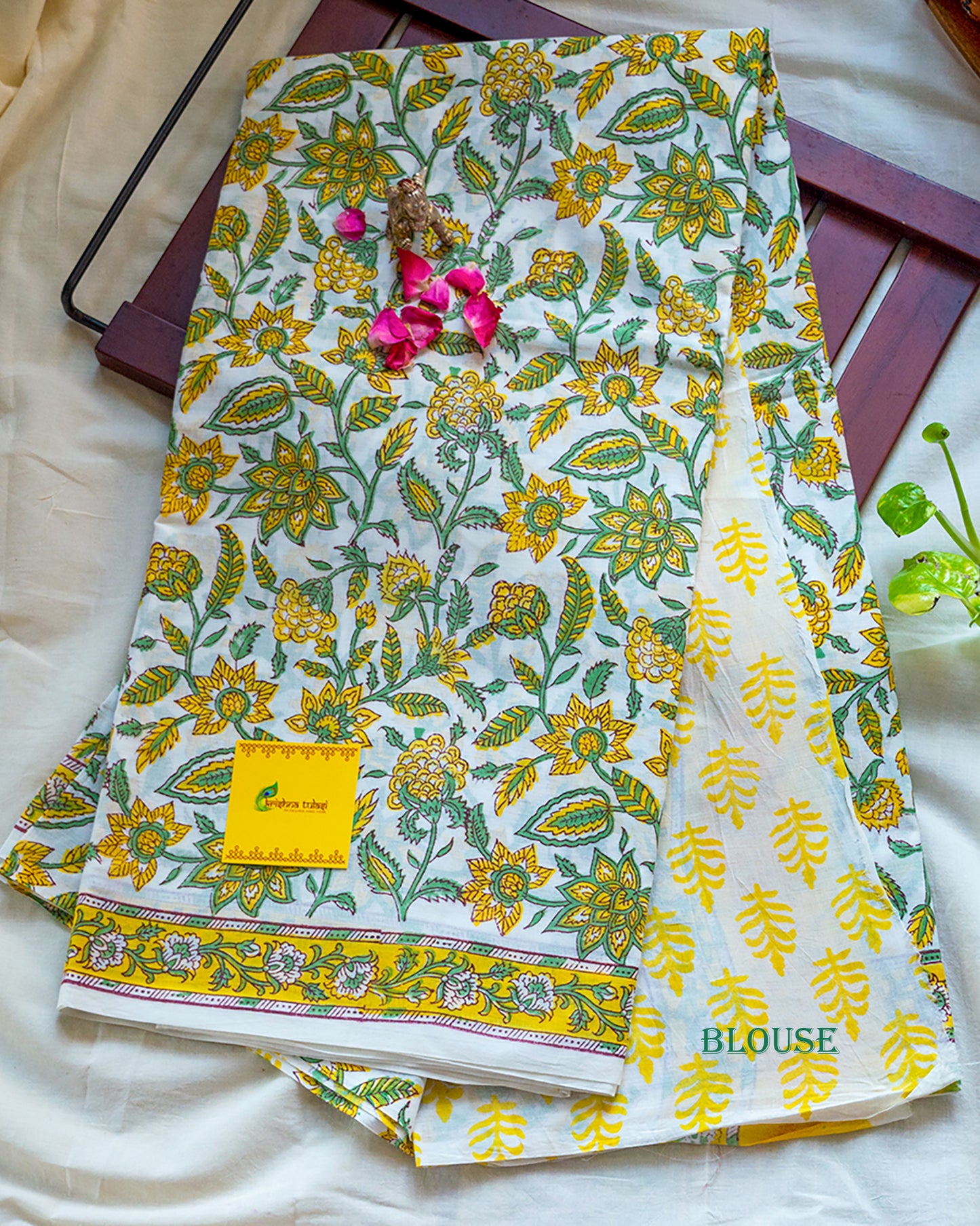 Yellow & Green Floral Hand Block Printed Mul Cotton Saree.