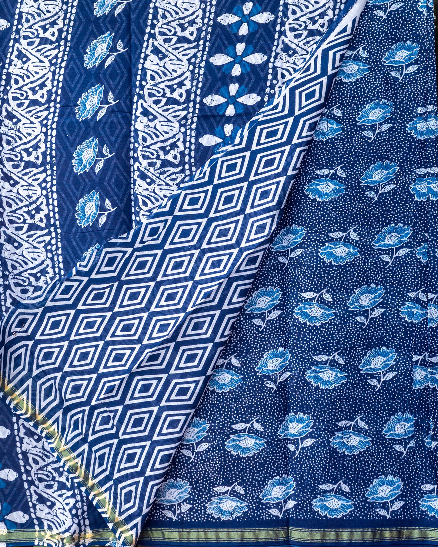 Indigo Floral Hand lock Printed Chanderi Cotton Saree