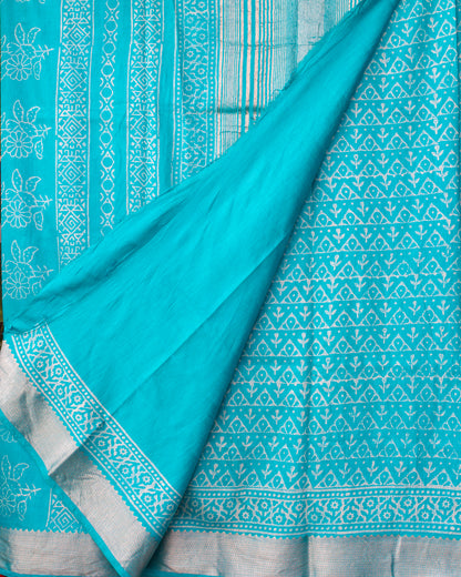 Ocean Blue Bagru Hand Block Printed Maheshwari Silk Saree