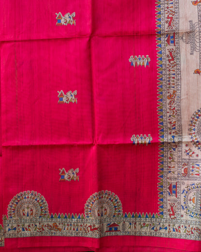 Radiant Red Madhubani Printed Semi Tussar Saree.