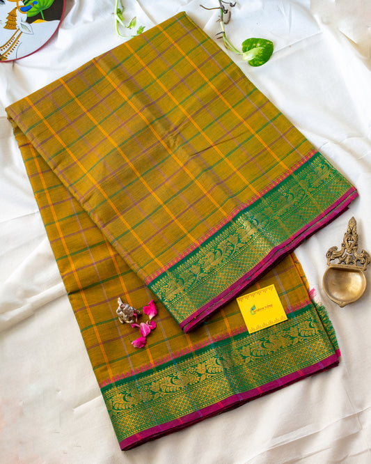 Mustard Yellow with Green Border Handloom Chettinadu Cotton Saree