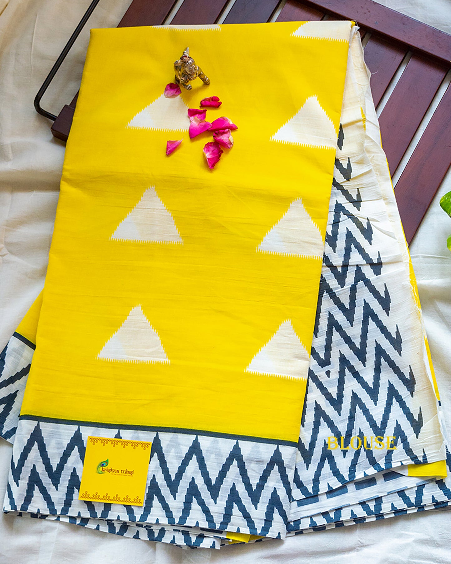 Yellow with Blue Zig Zag Border Mul Cotton Saree.