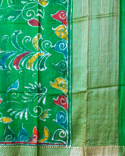 Green Hand Touching Batik Maheshwari Silk Saree.