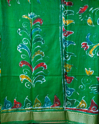 Green Hand Touching Batik Maheshwari Silk Saree.