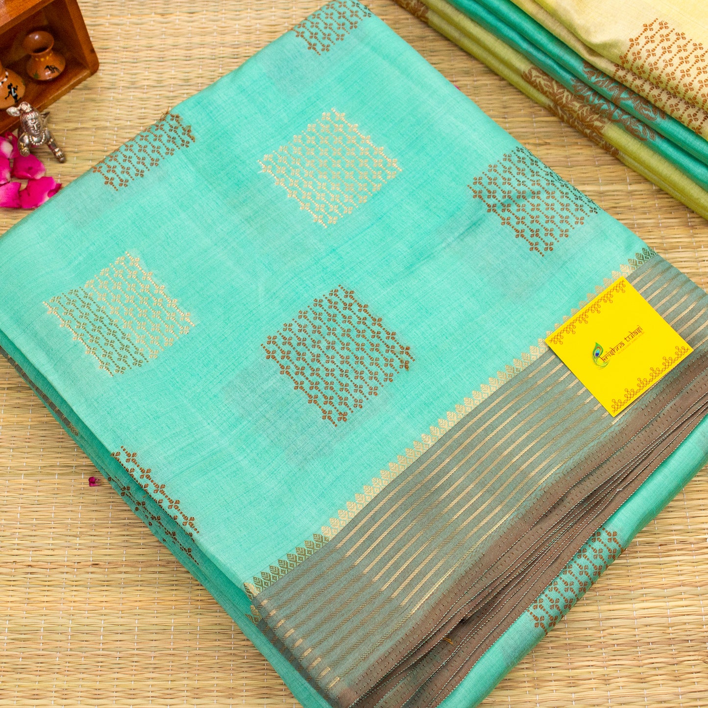 Pale Turquoise Semi Raw Silk Saree with Gold & Copper Zari Motifs