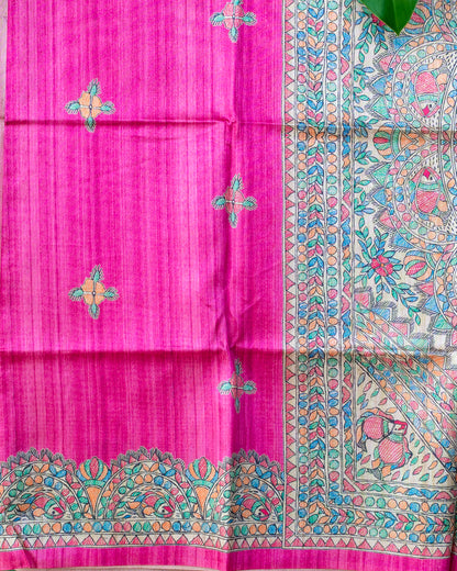 Rani Pink Madhubani Printed Semi Tussar Saree.