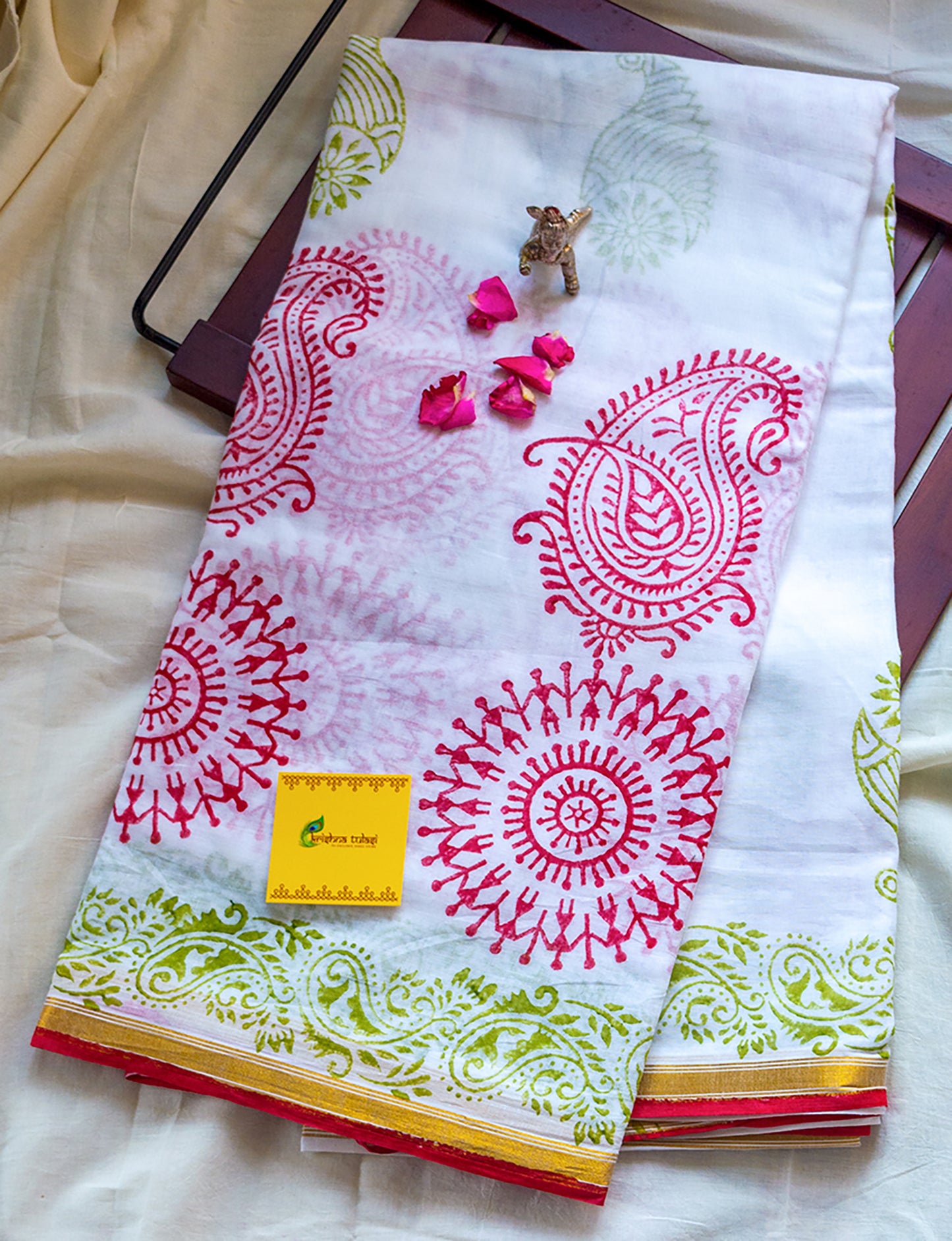 White Hand Block Printed Mul Cotton Saree