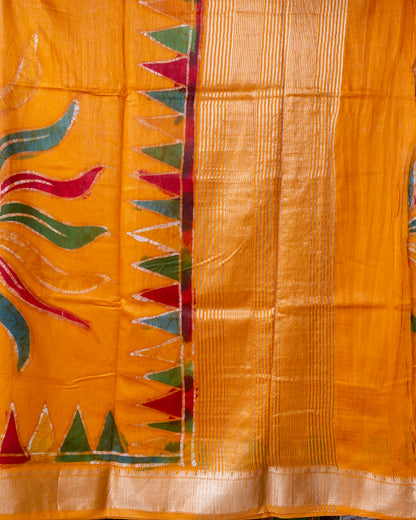 Mustard Yellow Hand Touching Batik Maheshwari Silk Saree.