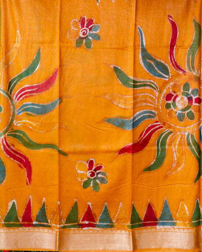 Mustard Yellow Hand Touching Batik Maheshwari Silk Saree.