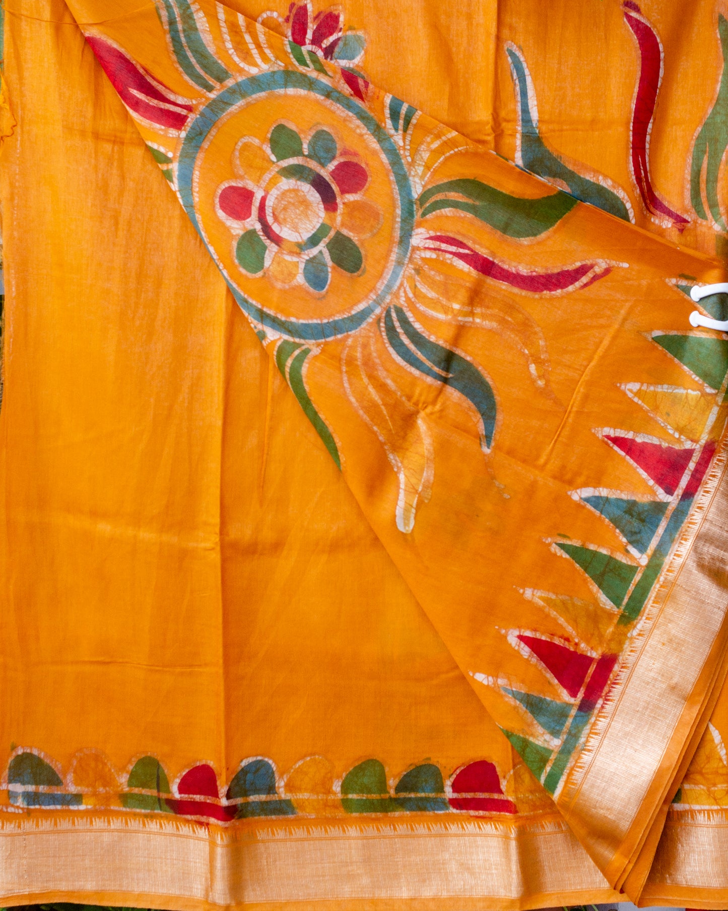 Mustard Yellow Hand Touching Batik Maheshwari Silk Saree.