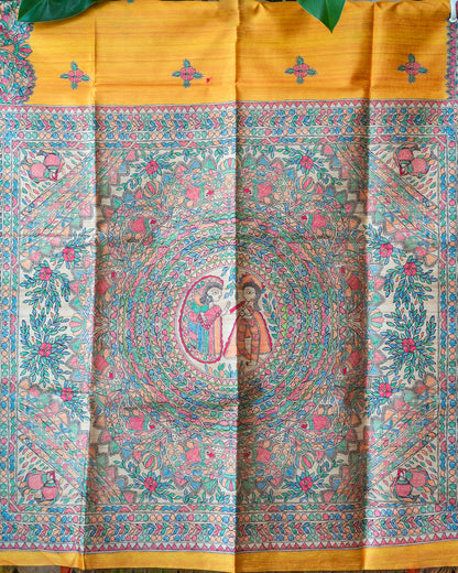 Yellow Madhubani Printed Semi Tussar Saree.