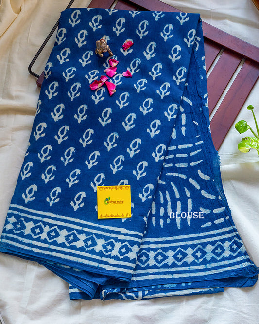 Indigo Hand Block Printed Mul Cotton Saree.