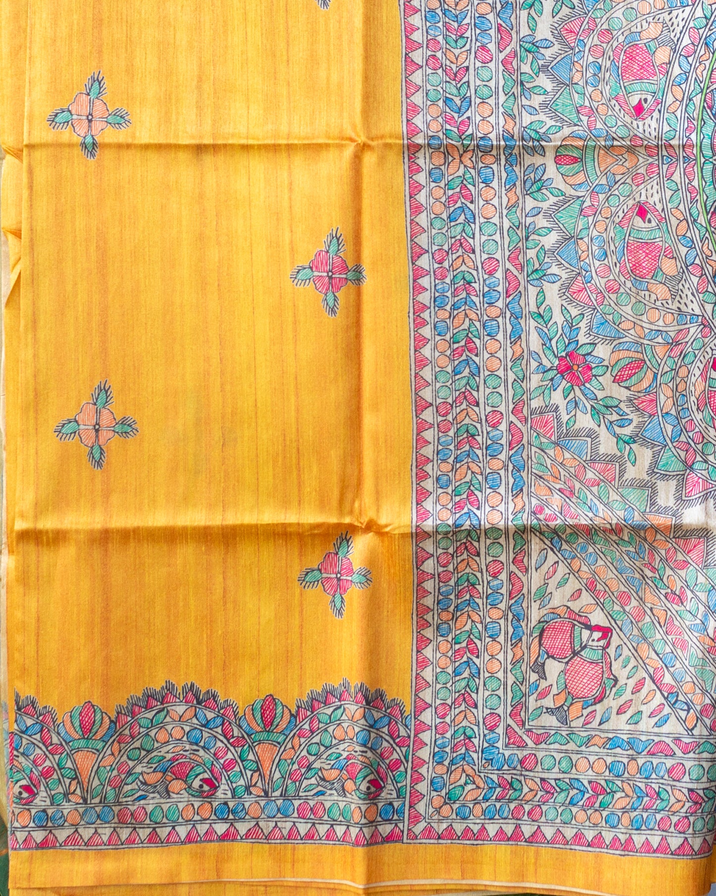 Yellow Madhubani Printed Semi Tussar Saree.