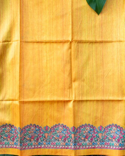 Yellow Madhubani Printed Semi Tussar Saree.