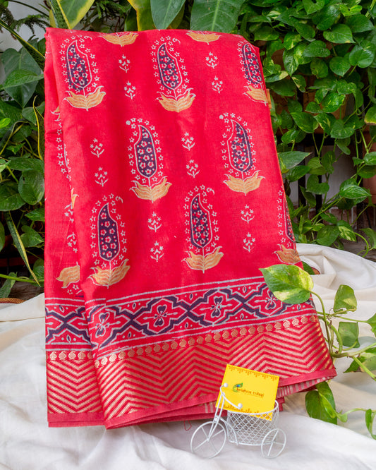 Hand Block Printed Tomato Red Art Silk Saree: