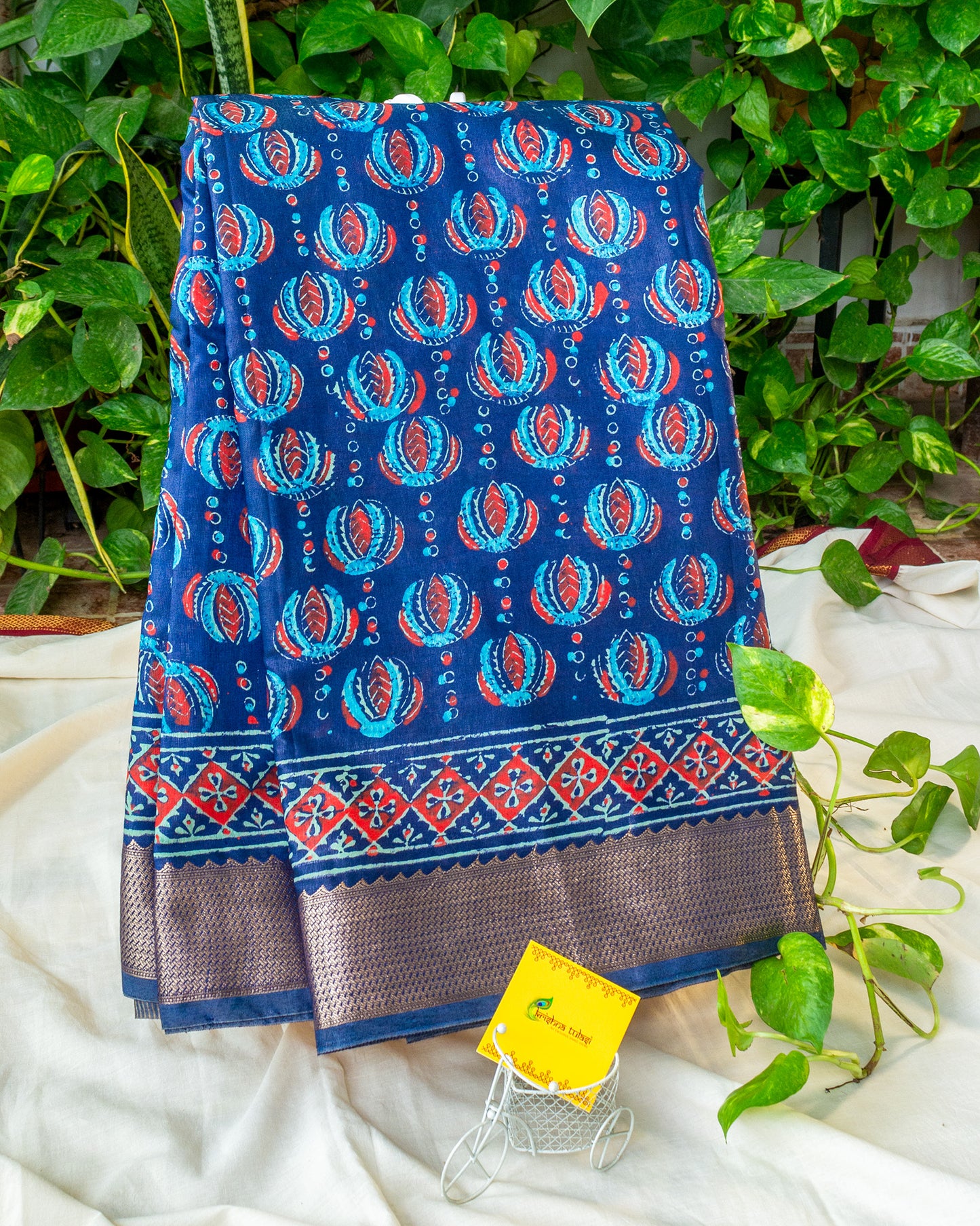 Navy Blue Art Silk Saree with Silver Border & Floral Blouse