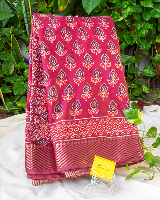 Maroon Art Silk Saree with Silver Border & Floral Blouse